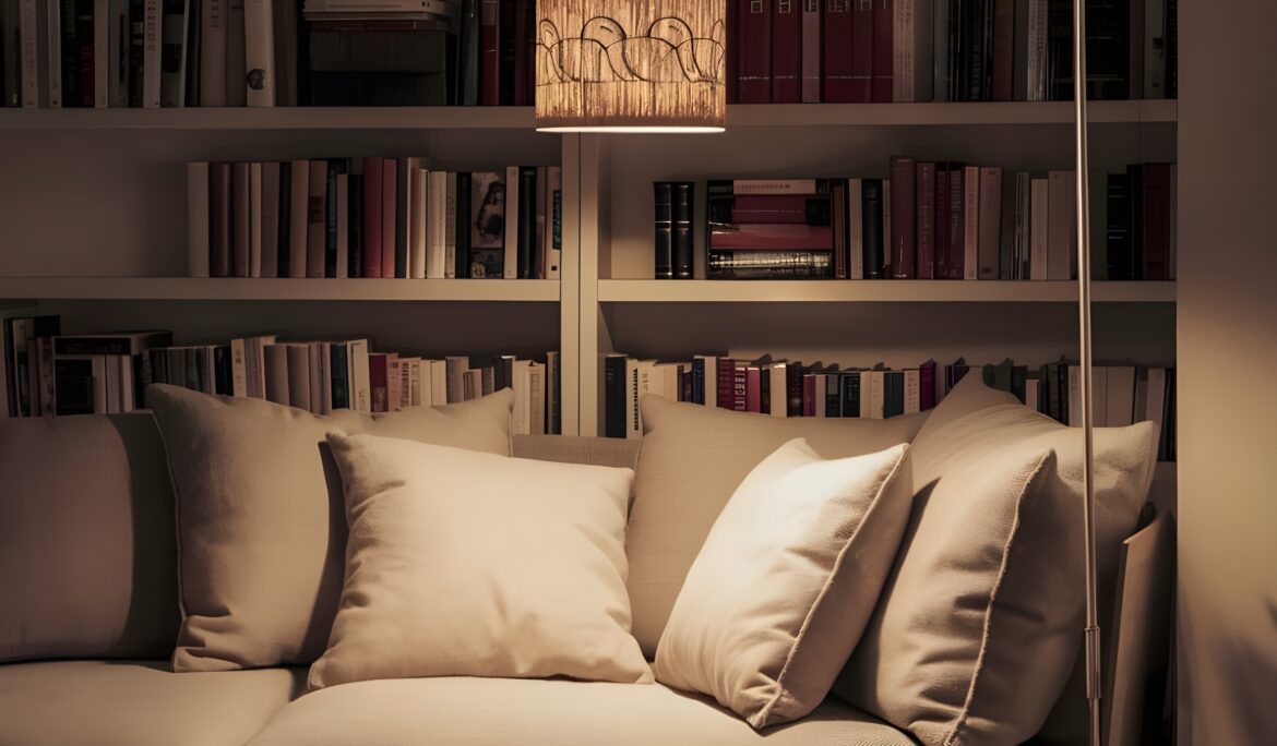 Cozy Reading Nook Dubai Design | Compact cozy reading nook with curved beige sofa in front of floor-to-ceiling built-in bookshelves