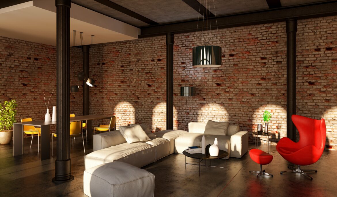 Dubai industrial loft living room with beige sectional and red egg chair — DubaiRenovate styling