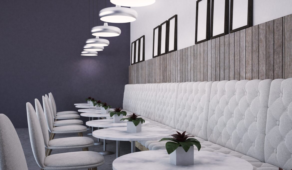 Dubai lavender banquette restaurant interior with tufted white seating and marble tables by DubaiRenovate