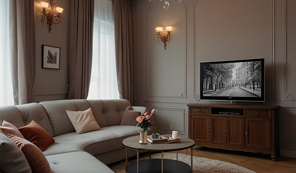 Classic modern living room Dubai | Classic modern living room with light grey L-shaped sectional