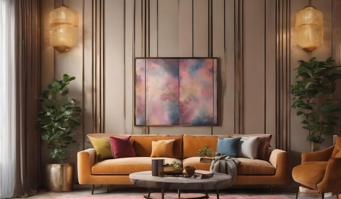Dubai contemporary luxury living room | Warm contemporary luxury living room in Dubai with mustard velvet sofa