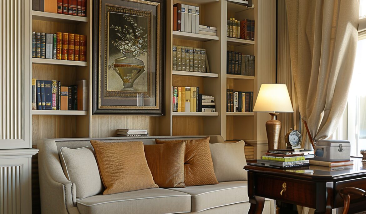Classic Dubai Living Room Library | Classic living room library in Dubai with beige two-seater sofa