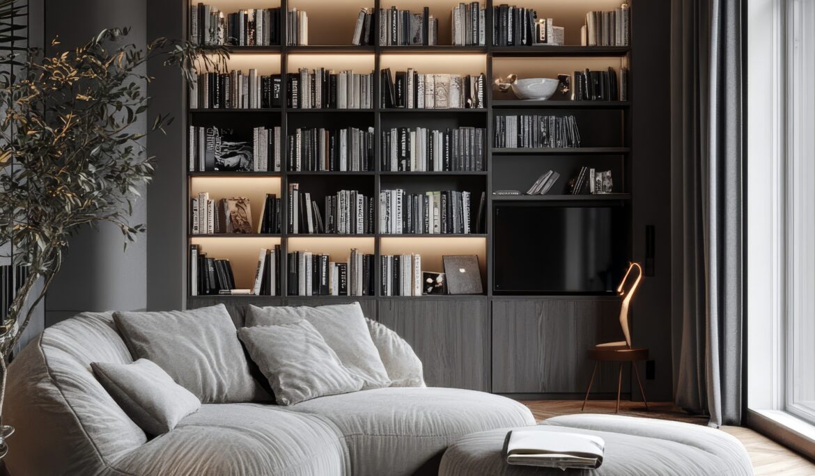 Dubai modern minimalist living room with low grey modular sofa