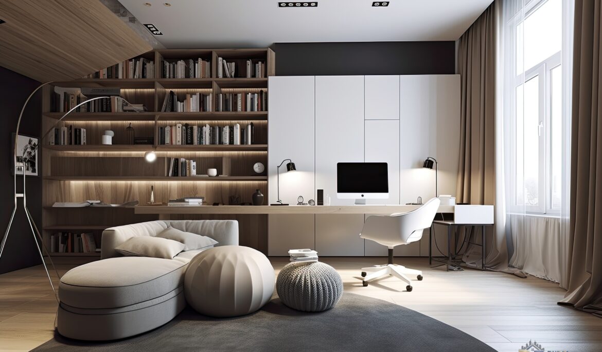 Dubai modern living room design with integrated oak shelving