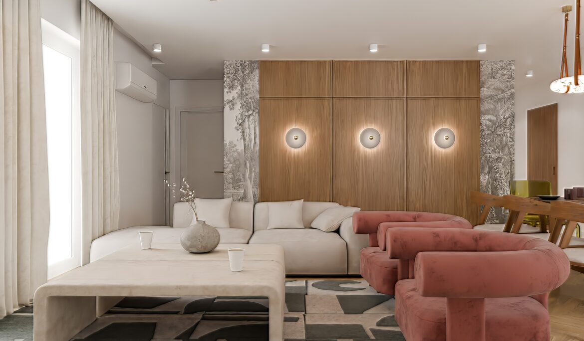 Modern Living Room Design Dubai | Open-plan modern living room with beige L-shaped sectional