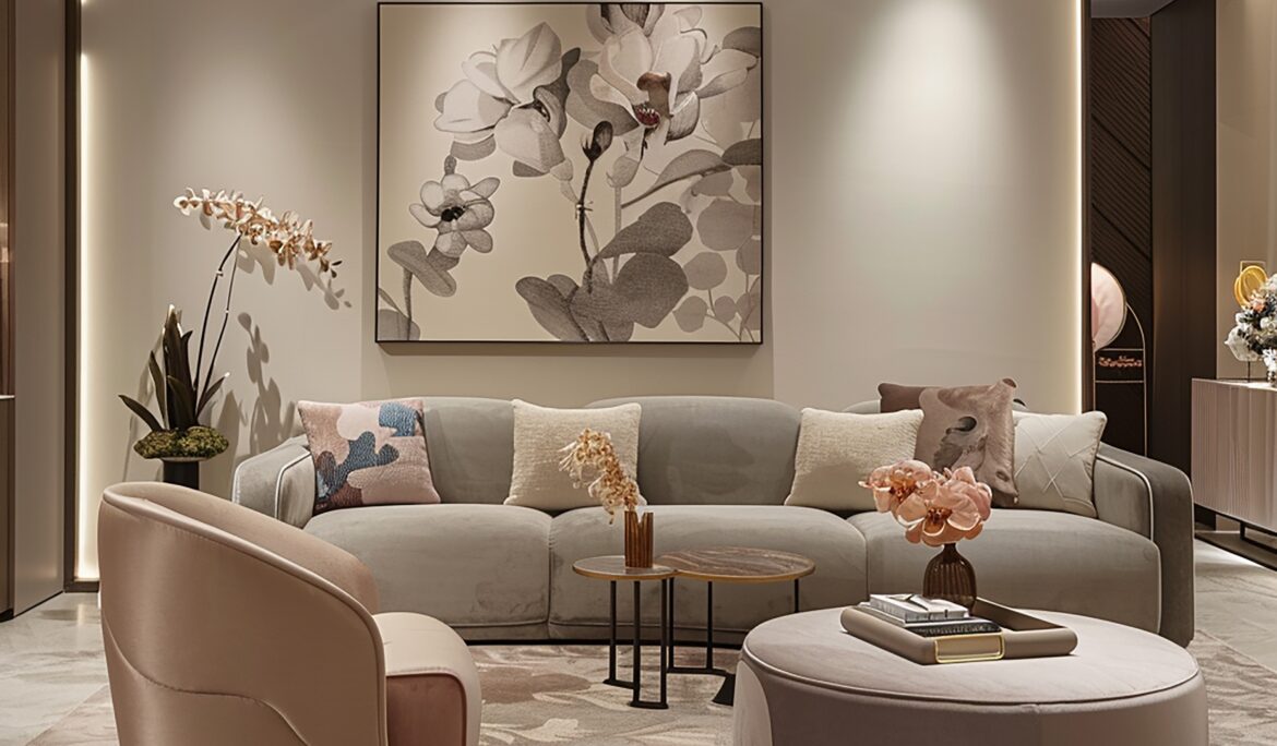 Dubai curved living room design | Modern neutral living room with a long curved sofa