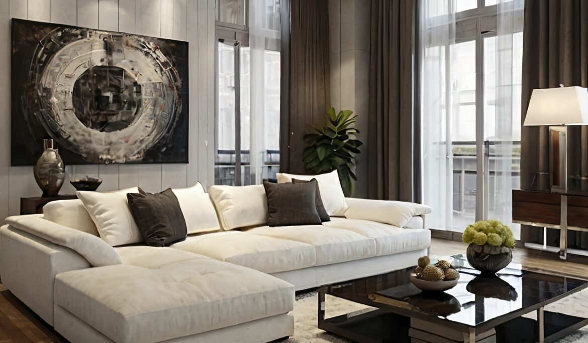 Modern neutral living room Dubai Large cream | Bright modern living room in Dubai with a large cream L-shaped sectional