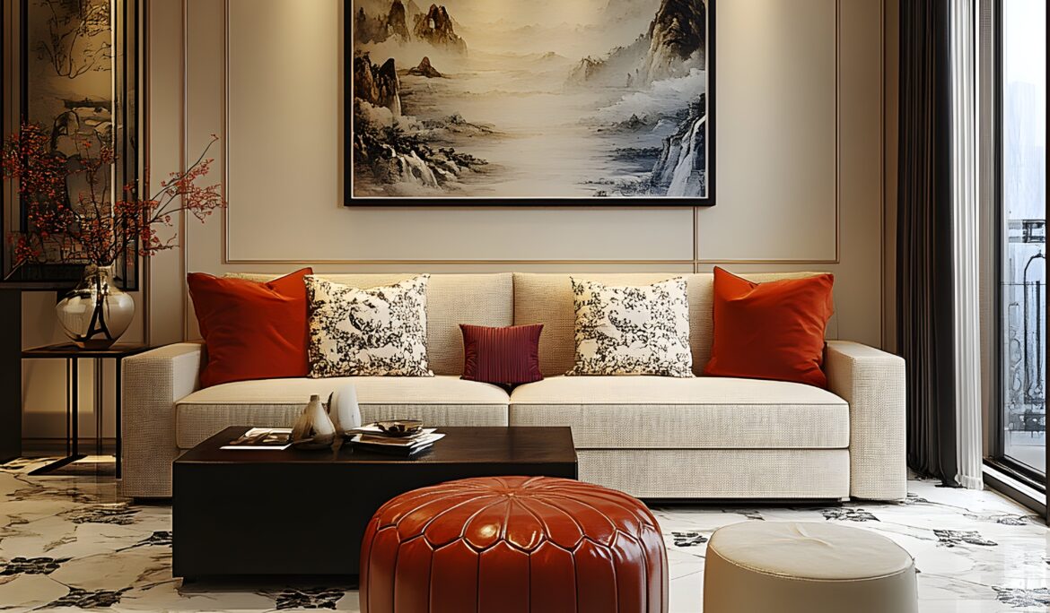 Contemporary living room Dubai design large landscape | Refined contemporary living room in Dubai with a three-seat beige sofa