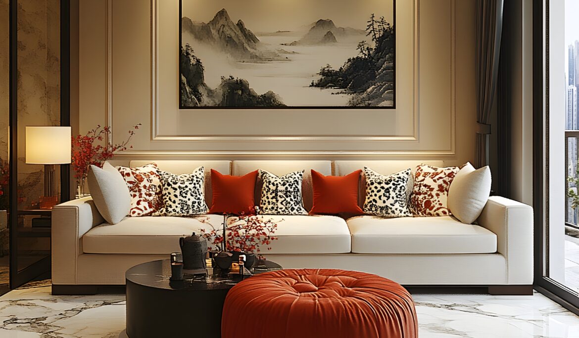 Dubai neutral modern living room | Calm neutral modern living room in Dubai with cream-beige three-seater sofa