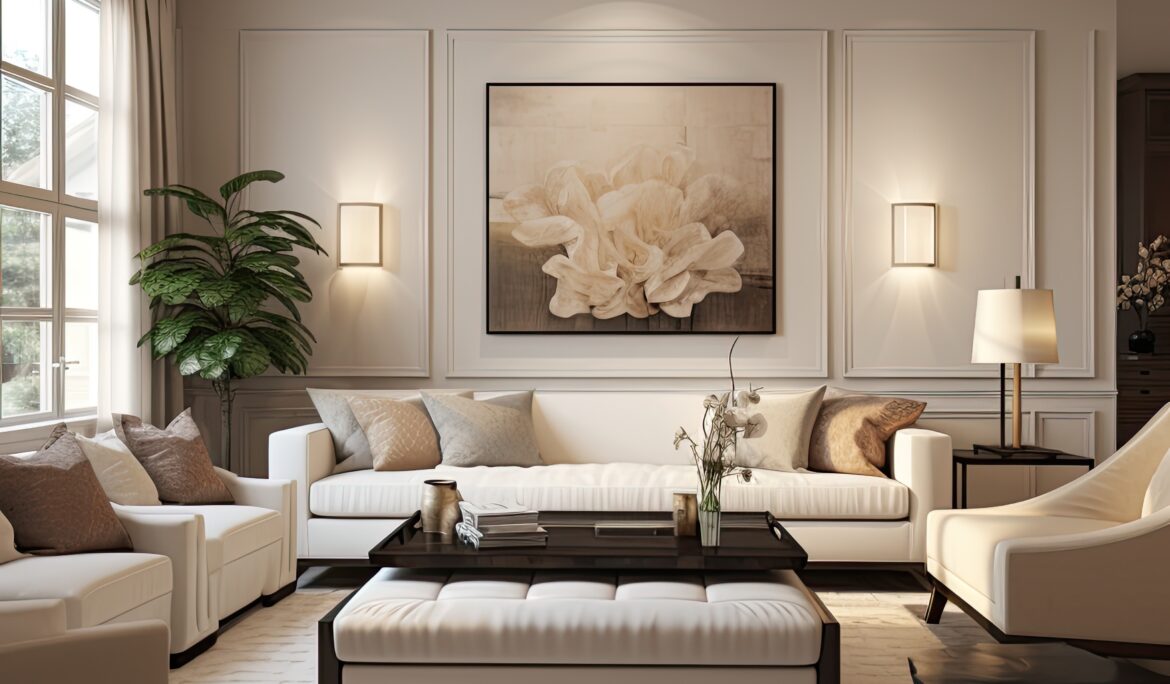 Dubai modern classic living room large floral | Serene modern classic living room with a large floral painting on paneled feature wall