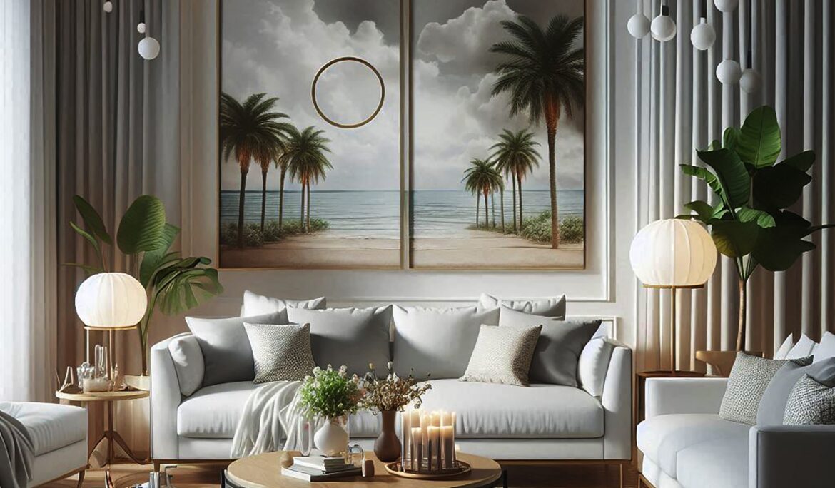 Modern neutral living room Dubai large twopanel | Modern neutral living room in Dubai with a large two-panel beach diptych