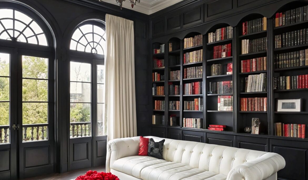 Dubai classic modern library lounge | High-ceiling living room styled as a private library lounge with matte black floor-to-ceiling bookshelves