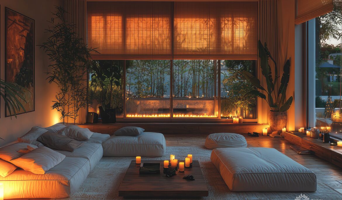 Dubai low seating minimalist lounge with woven bamboo shades