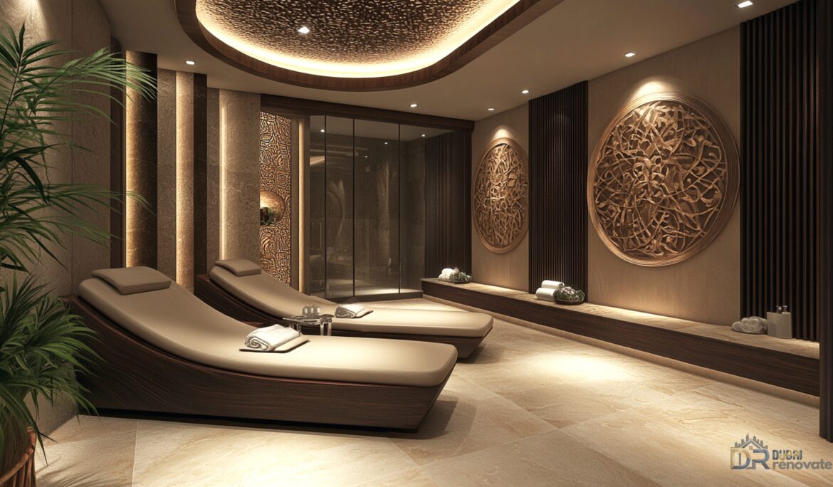 Dubai luxury spa lounge design | Warm luxury spa lounge with taupe curved chaise loungers