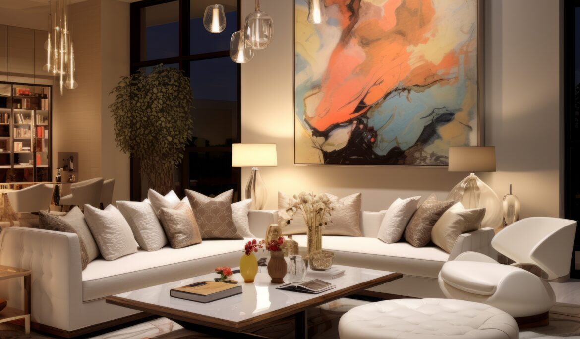 Dubai luxury living room design Large abstract | Double-height luxury living room with a curved cream sectional