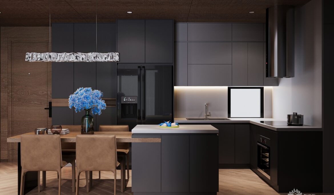 Dubai modern dark kitchen design central island | Open-plan modern dark kitchen in Dubai with a central island