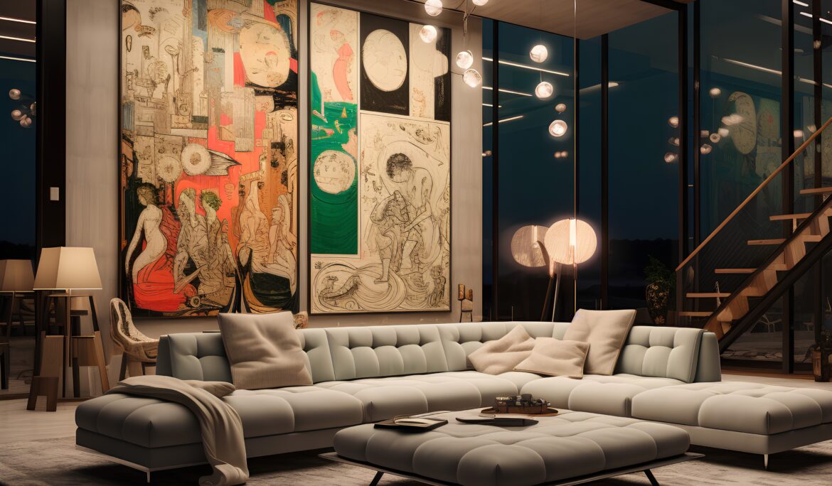 Dubai luxury living room design multipanel statement | Night-time double-height luxury living room with light-grey L-shaped tufted sectional