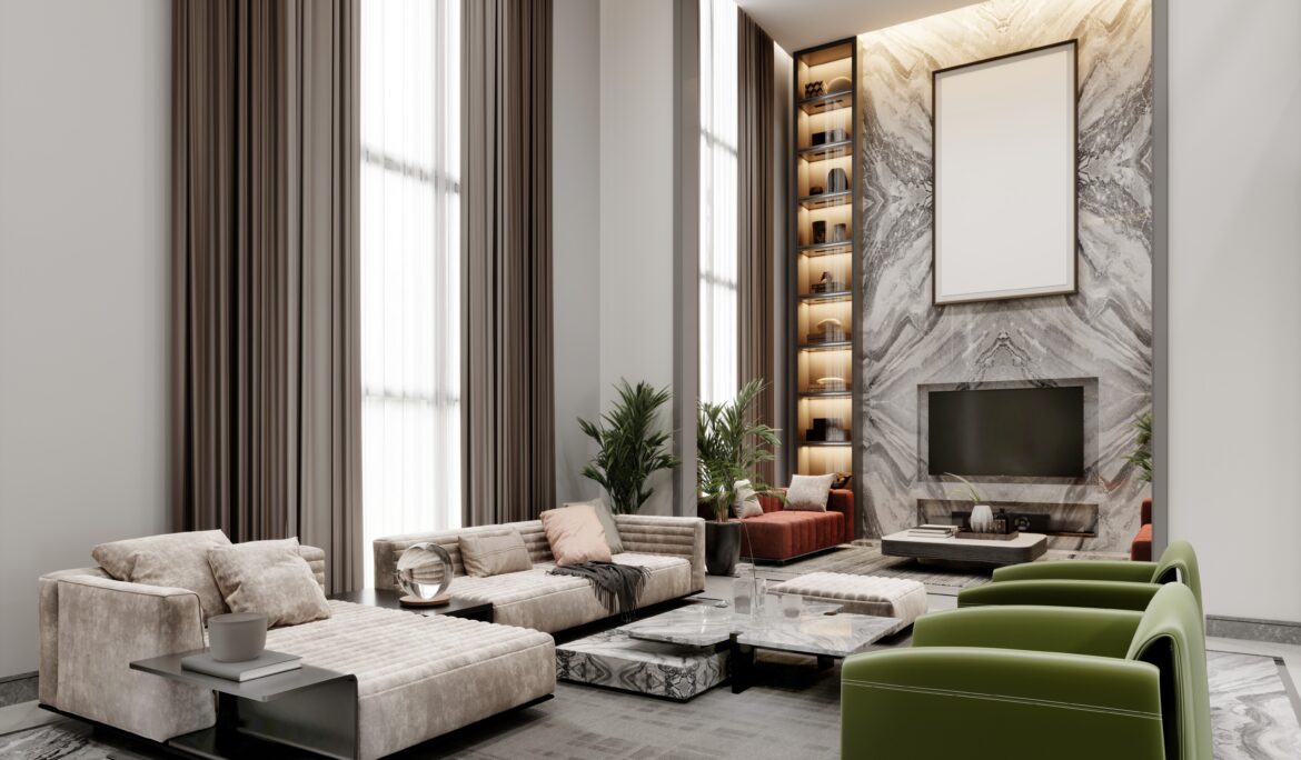 Dubai luxury living room design | Double-height luxury living room with marble feature wall