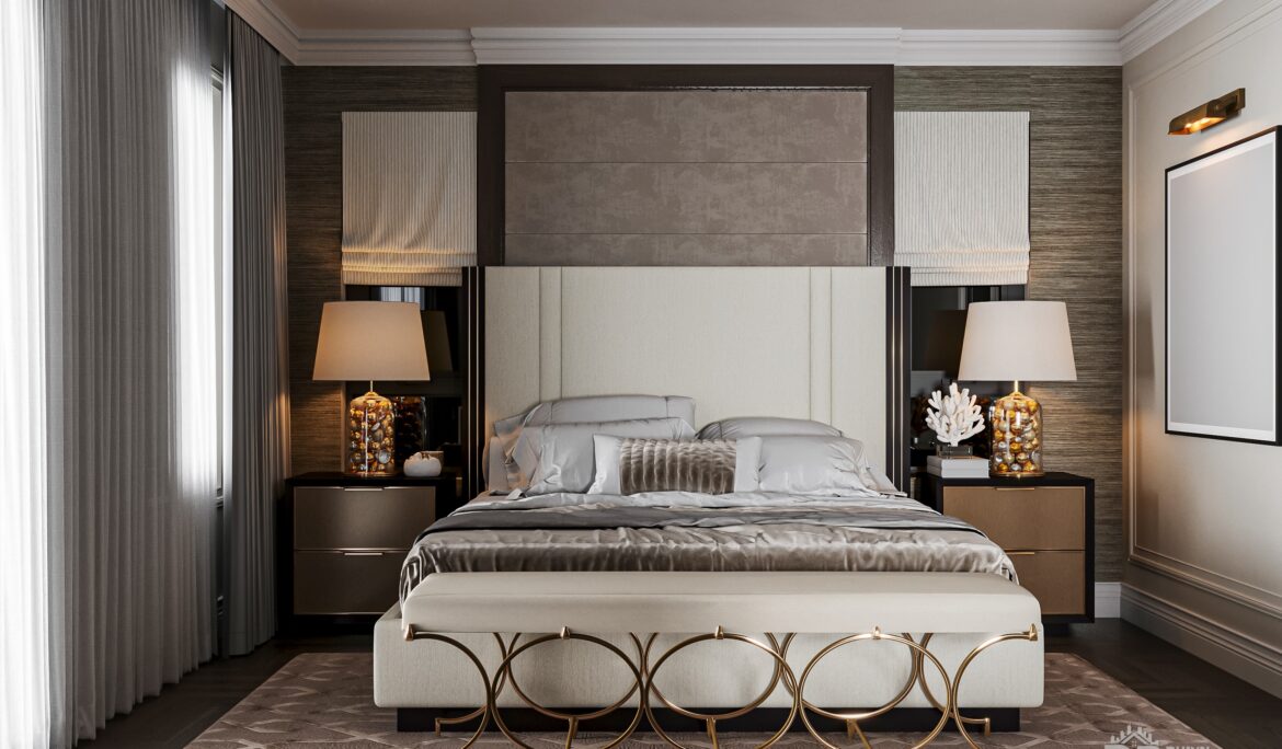 Dubai modern beige master bedroom with large upholstered headboard