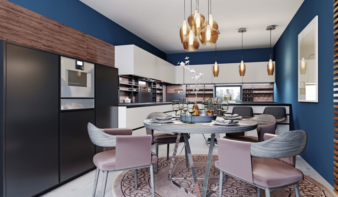 Dubai modern navy blue kitchen | Open-plan modern navy blue kitchen with round dining table