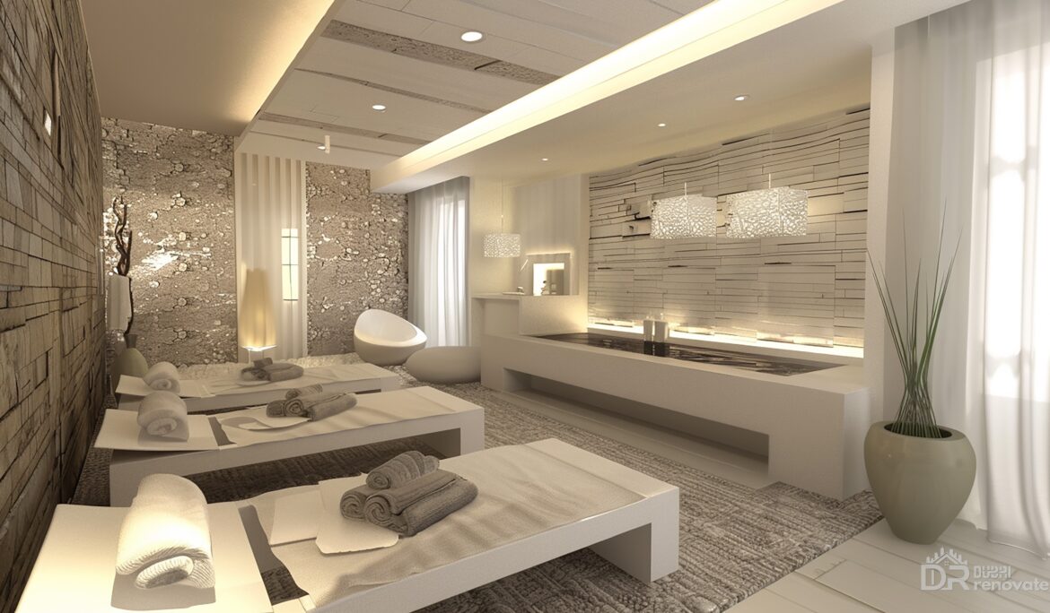 Dubai minimalist luxury spa design | Neutral-toned minimalist luxury spa treatment room in Dubai with three low platform beds