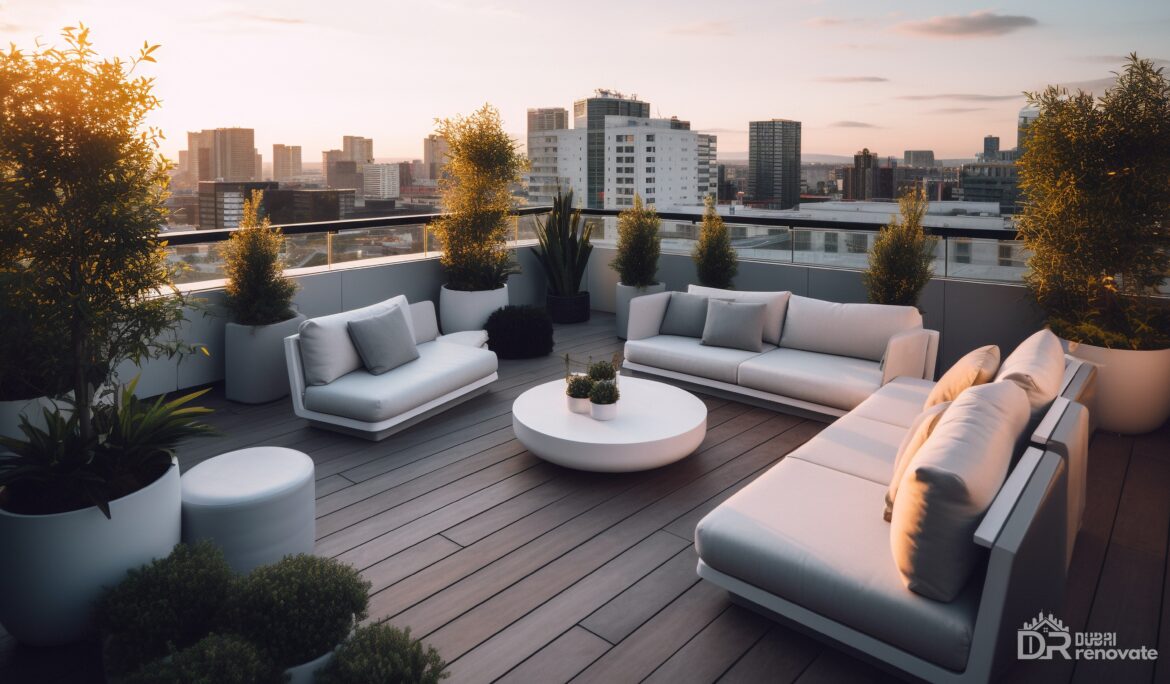 Dubai rooftop terrace lounge featuring light grey modular sofas