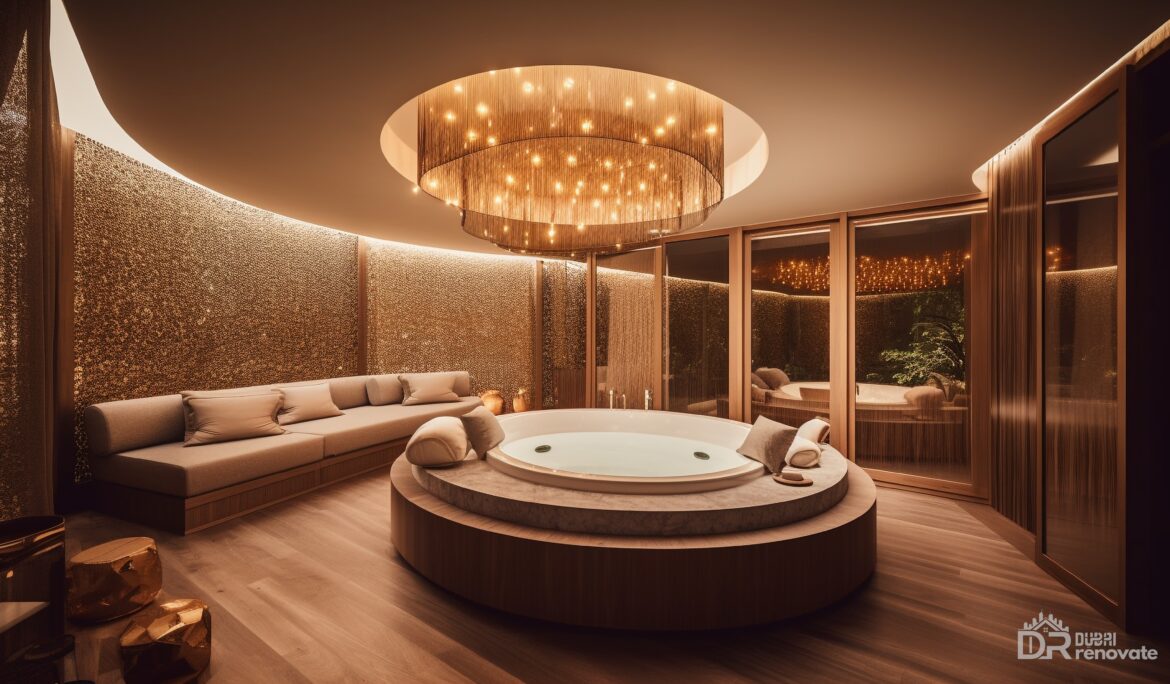 Dubai luxury indoor spa lounge | Hotel-style indoor spa lounge with central circular hot tub on raised wood platform