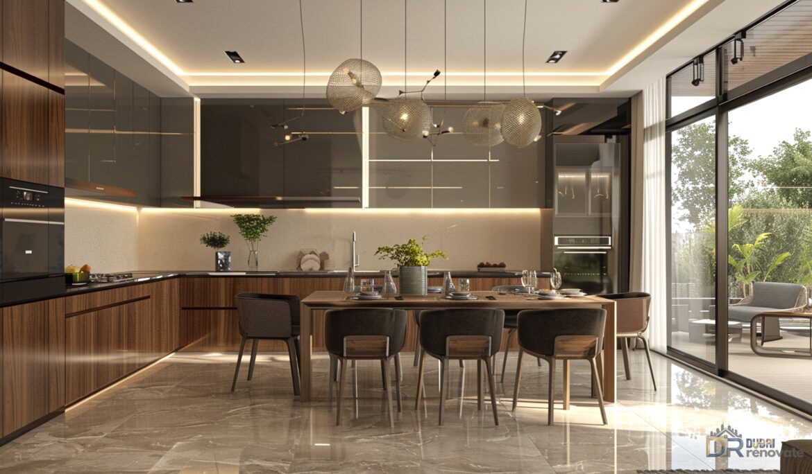 Luxury modern kitchen Dubai design | Open-plan Luxury modern kitchen Dubai design with a long central island dining for six