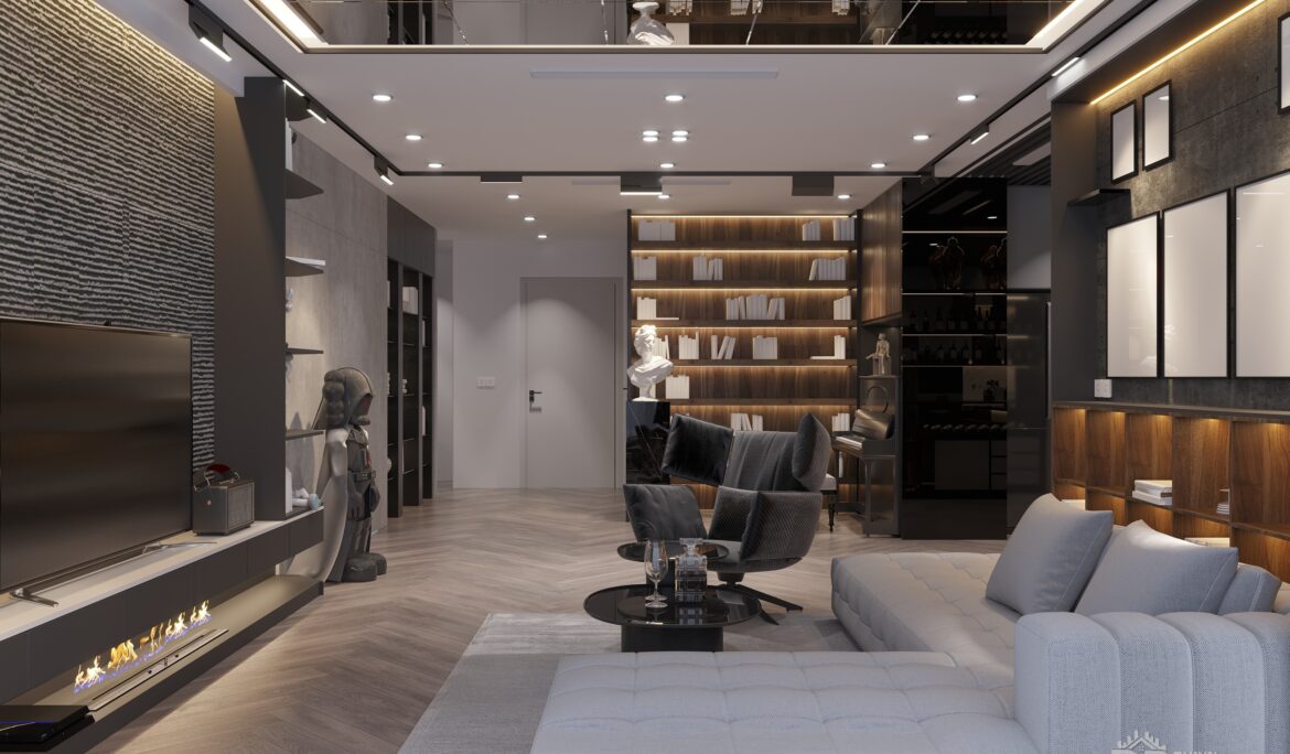 Luxury duplex living room Dubai | Double-height luxury duplex living room with mezzanine library