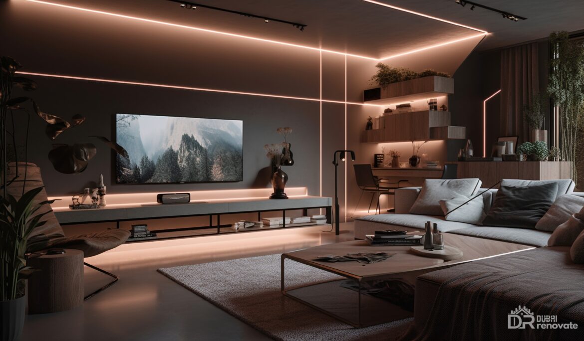Dubai modern grey living room by DubaiRenovate with warm LED accents and green plants