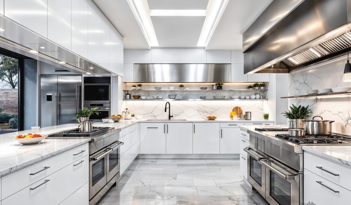 Luxury white kitchen Dubai design | Bright luxury white kitchen with stainless steel ranges