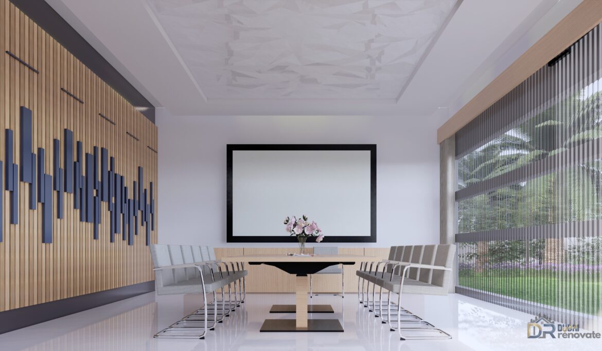 Dubai warm wood meeting room with light-oak pedestal table