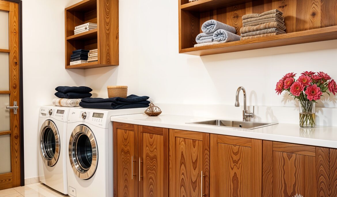 Dubai mid century wood laundry with warm wood veneer cabinets