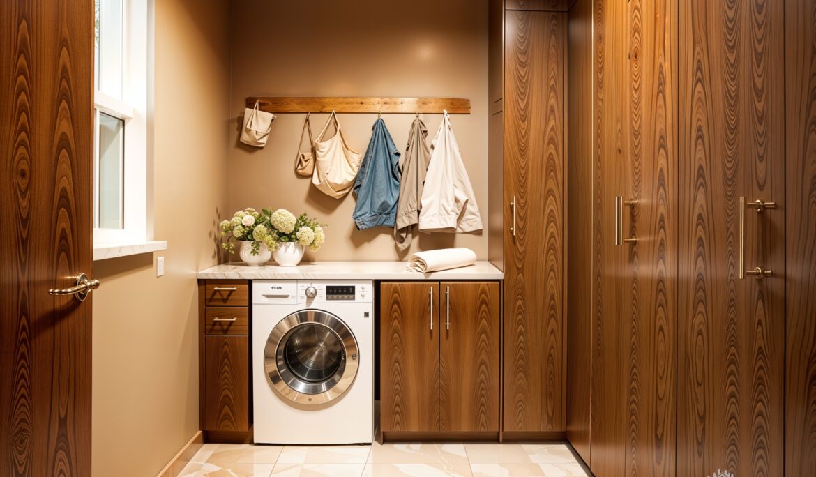 Dubai mid century wood laundry Frontload washing with walnut-veneer cabinets and a countered front-load washer — DubaiRenovate