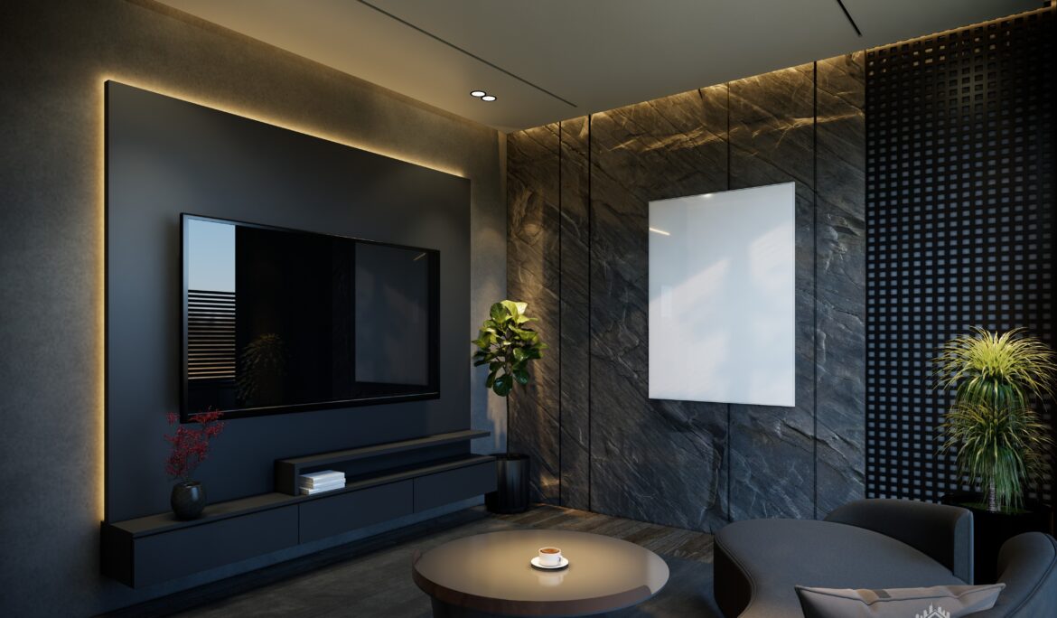 Dubai minimalist black living room with backlit marble TV wall and floating console by DubaiRenovate
