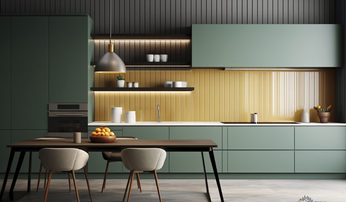 Minimalist Sage Green Kitchen Dubai | Single-wall minimalist kitchen in muted sage green with honey-toned vertical wood-slat backsplash