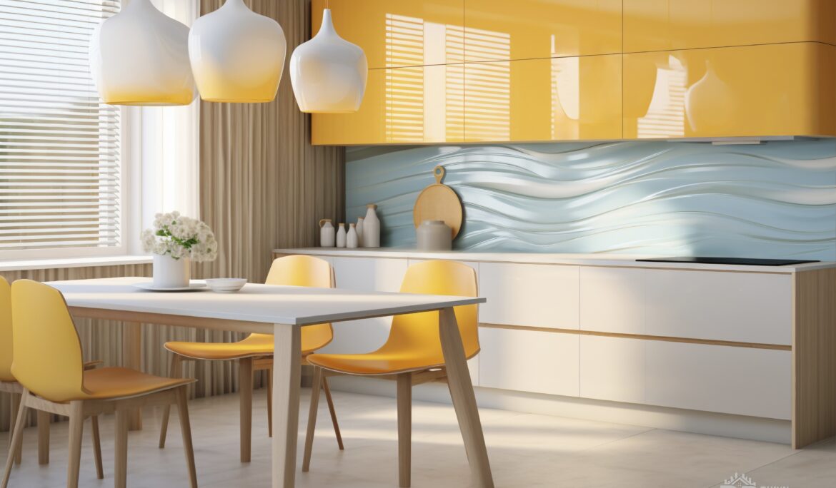 Minimalist modern kitchen Dubai design | One-wall minimalist modern kitchen in Dubai with glossy yellow upper cabinets