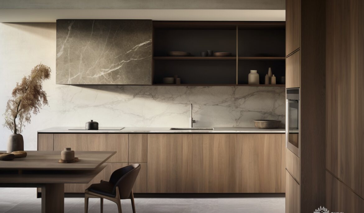 Dubai minimalist kitchen design tips | Single-wall minimalist kitchen in Dubai with long wooden veneer cabinets