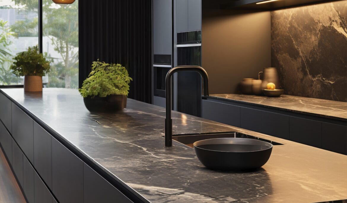 Dubai minimalist dark kitchen design | Long minimalist matte black kitchen with a waterfall marble island