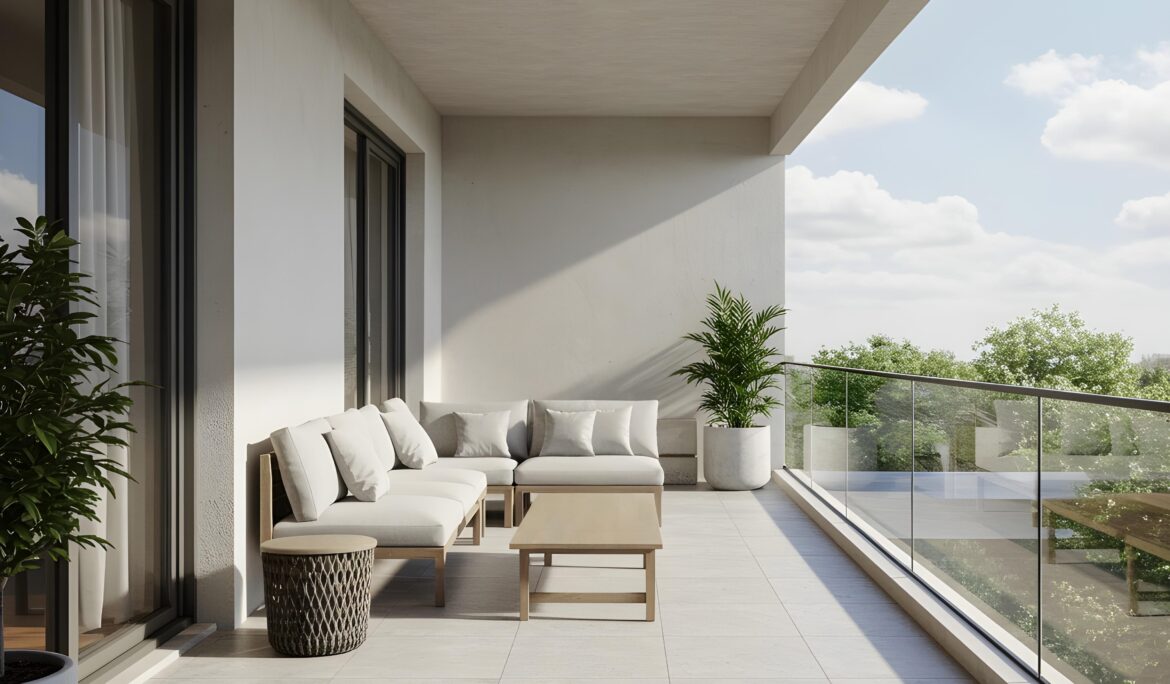 Dubai modern covered balcony with L-shaped beige sofa
