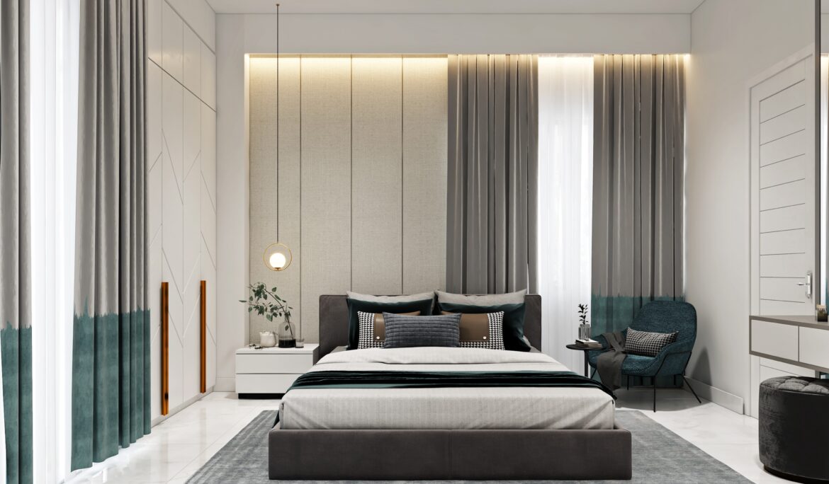 Dubai modern teal accent bedroom with vertical paneled headboard