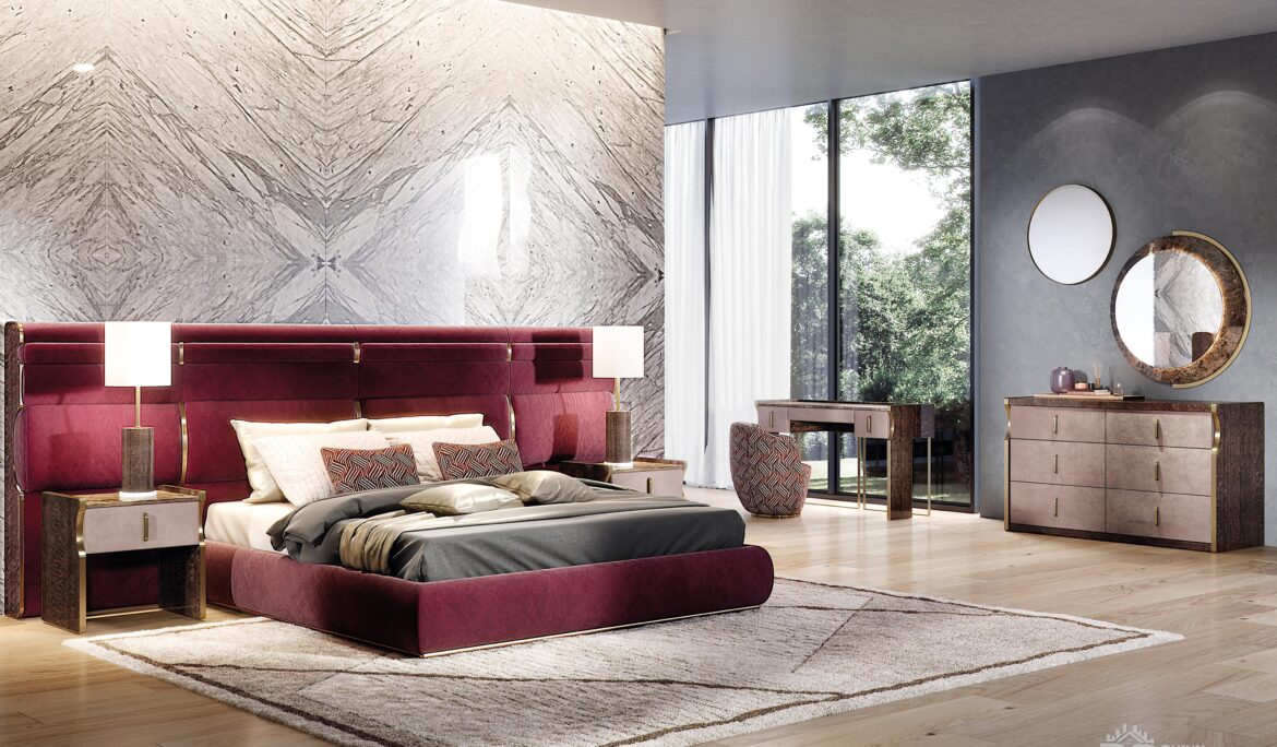 Dubai burgundy velvet bedroom with bookmatched marble feature wall