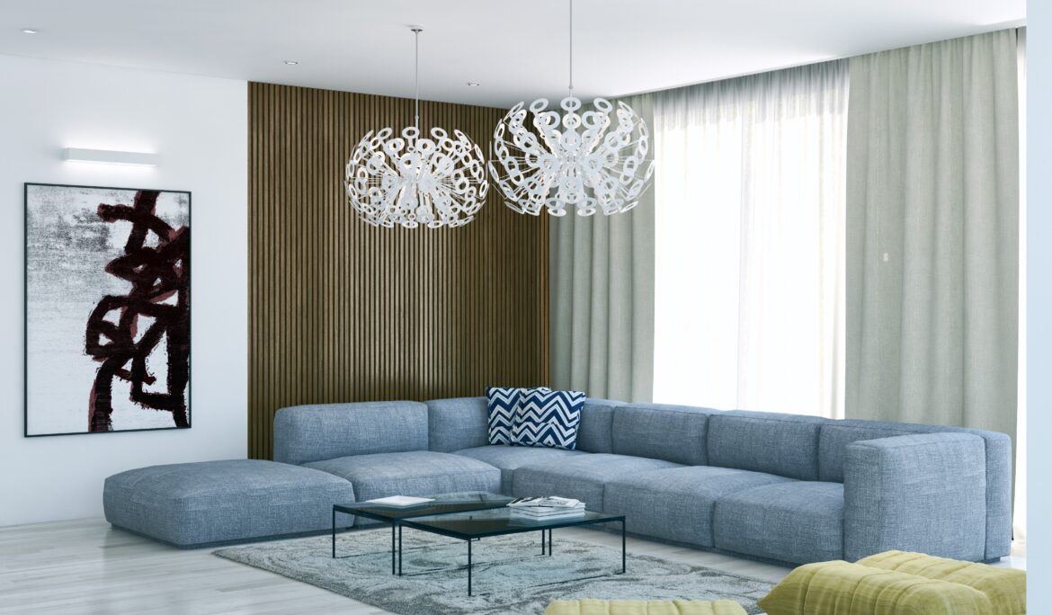Modern Minimalist Living Room Dubai | Bright minimalist living room with light grey-blue modular L-shaped sectional