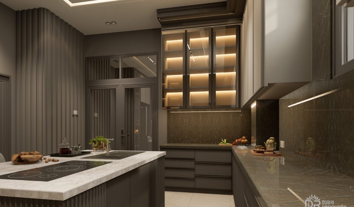 Dubai modern dark kitchen design Illuminated glassfront | Contemporary Dubai modern dark kitchen design Illuminated glassfront featuring a light stone island