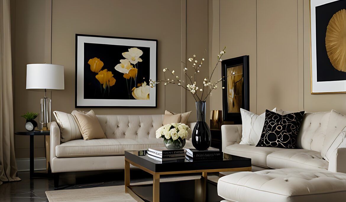 Modern elegant living room Dubai | Neutral modern elegant living room with cream tufted sofas