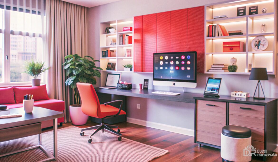 Dubai modern red home office with built-in shelves