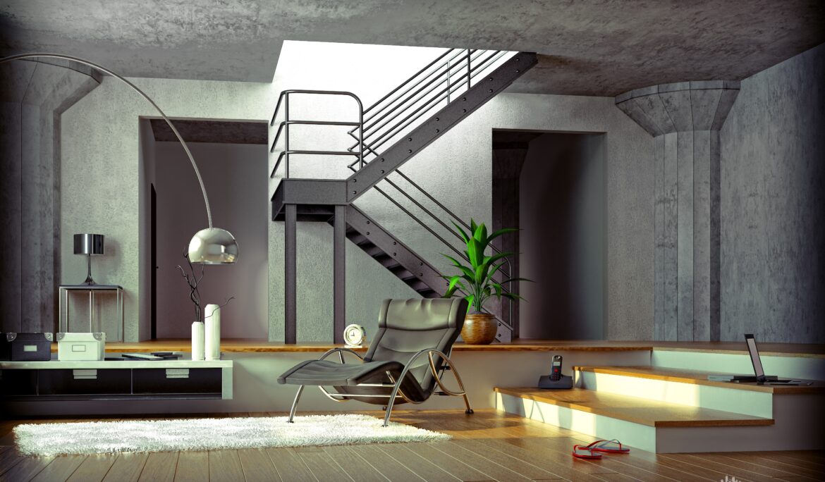 Dubai industrial loft living room metal staircase — DubaiRenovate shows double-height concrete