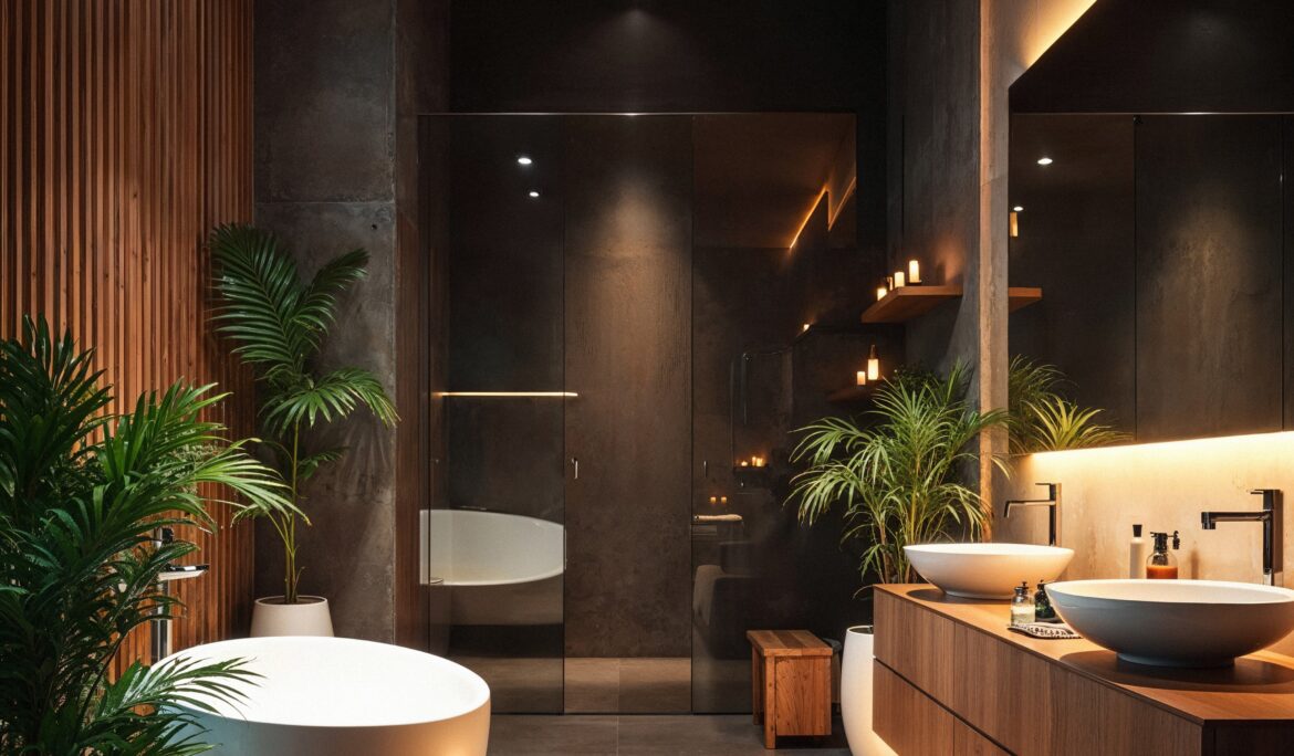 Dubai modern warm wood bathroom by DubaiRenovate with freestanding tub