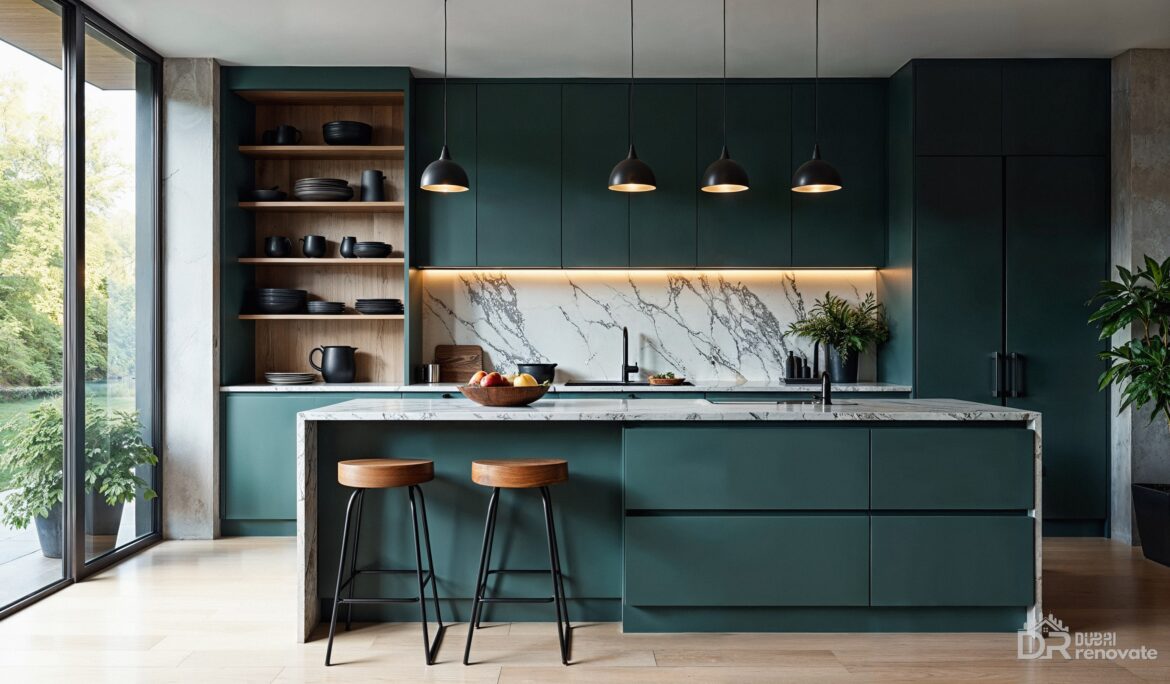 Dubai emerald modern kitchen design | Open-plan kitchen with deep emerald-green cabinetry