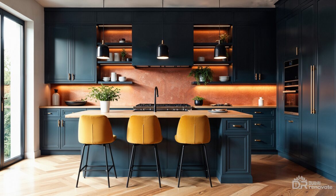 Modern Navy Kitchen Dubai Design | Modern navy kitchen with light wood island